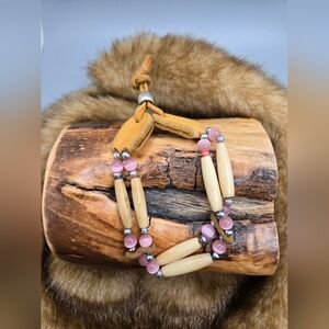 Bone Cat's Eye & Leather Bracelet Tribal Adjustable Handmade